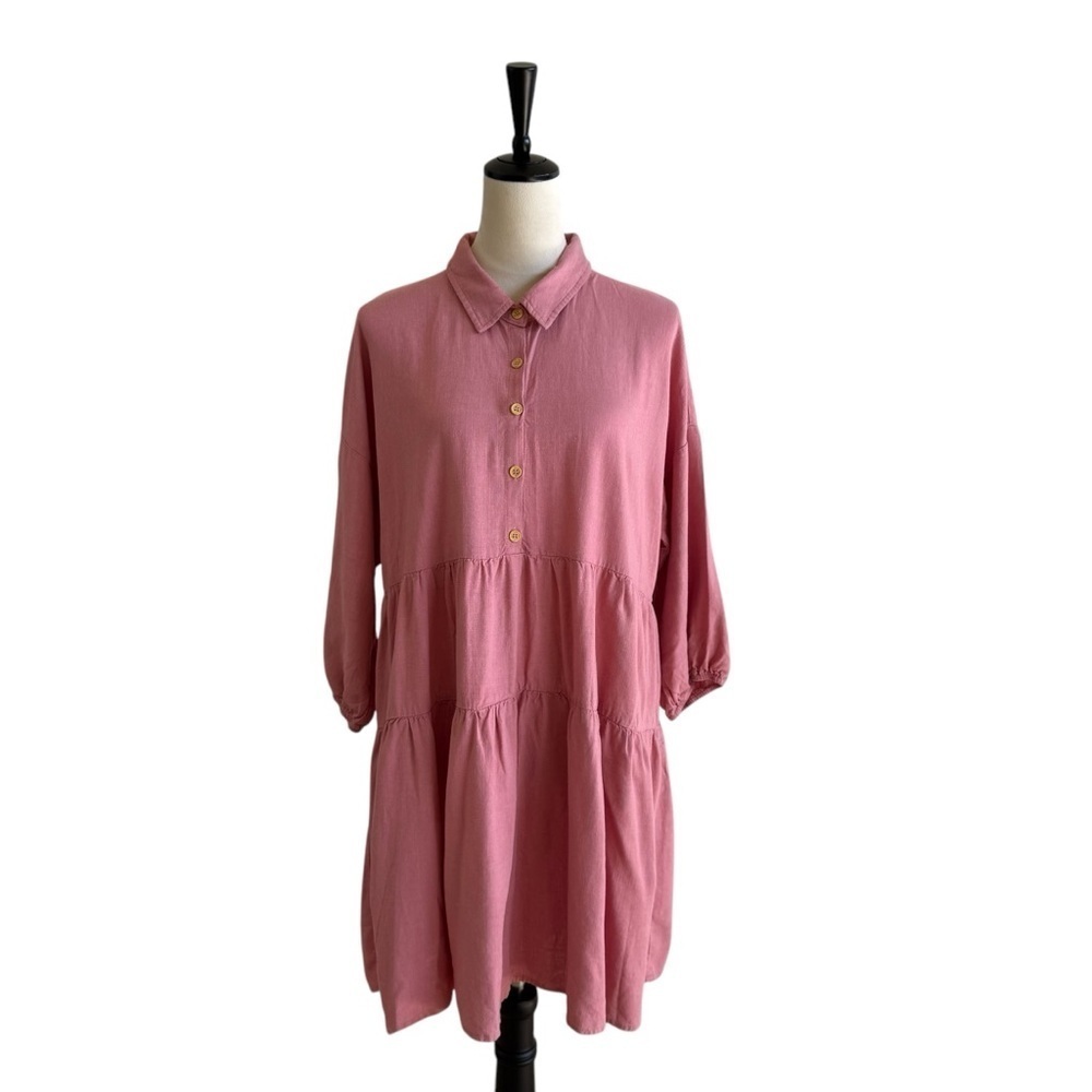 Umgee Pink Tiered Long Sleeve Linen Blend Relaxed Fit Mini Dress Size Large‎